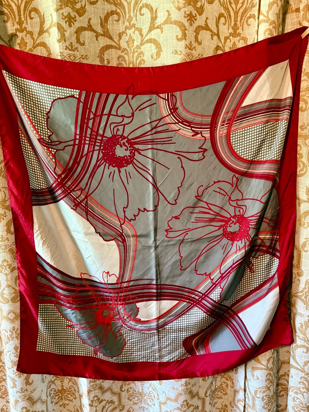 Vintage 1980's Red and Gray Silk Scarf Made in Italy